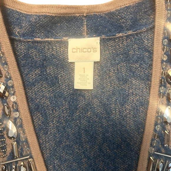 Chicos Beaded‎ Embellished Blue Tan Scroll Pattern Long Cardigan Sweater Size 1 - Picture 7 of 9